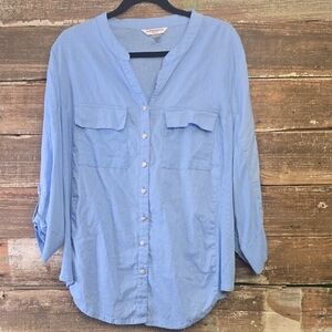 Allison Daley Women's Blue Button-Up Top, Size 2X, Linen Blend